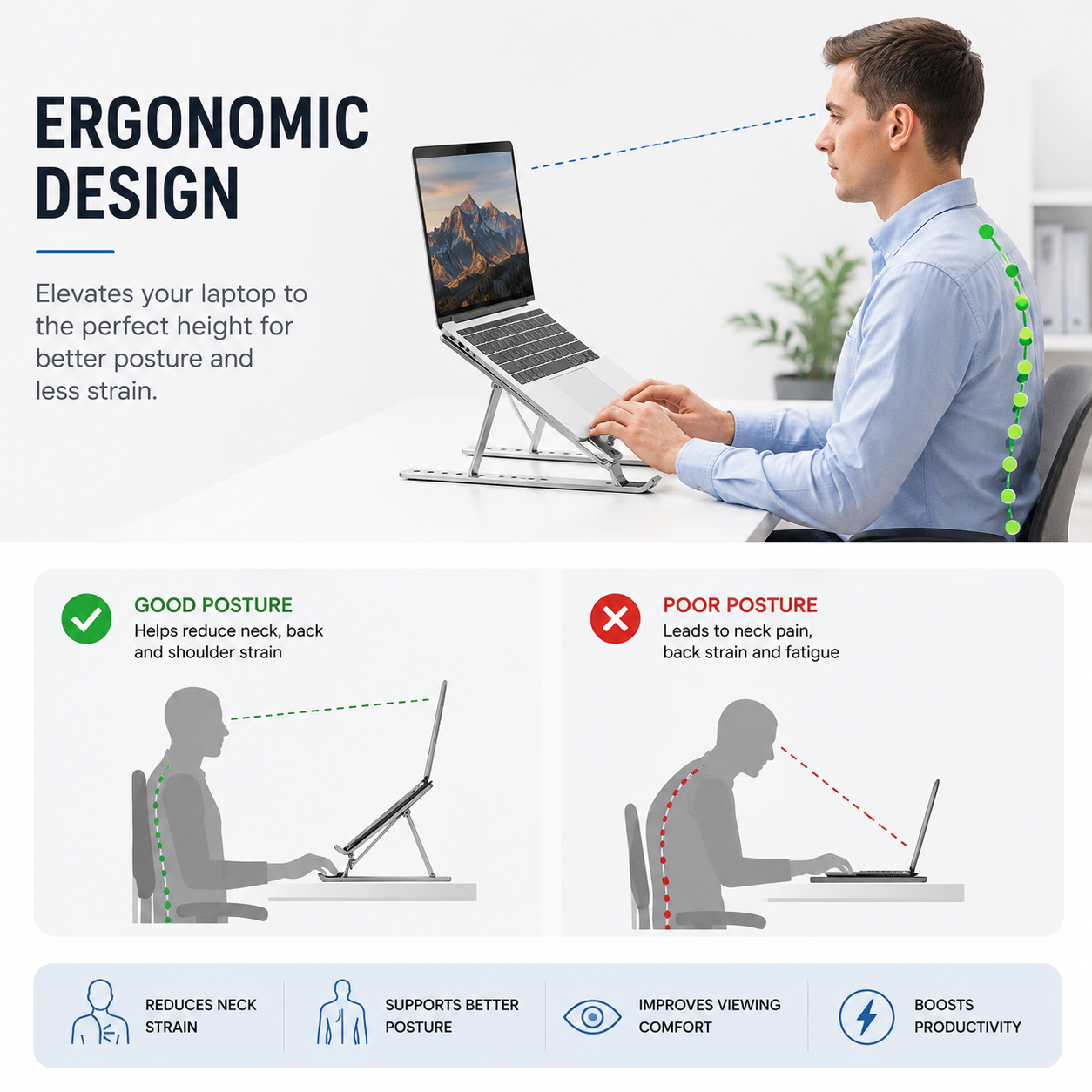Standli laptop stand's ergonomic design which improves your posture and improve productivity.